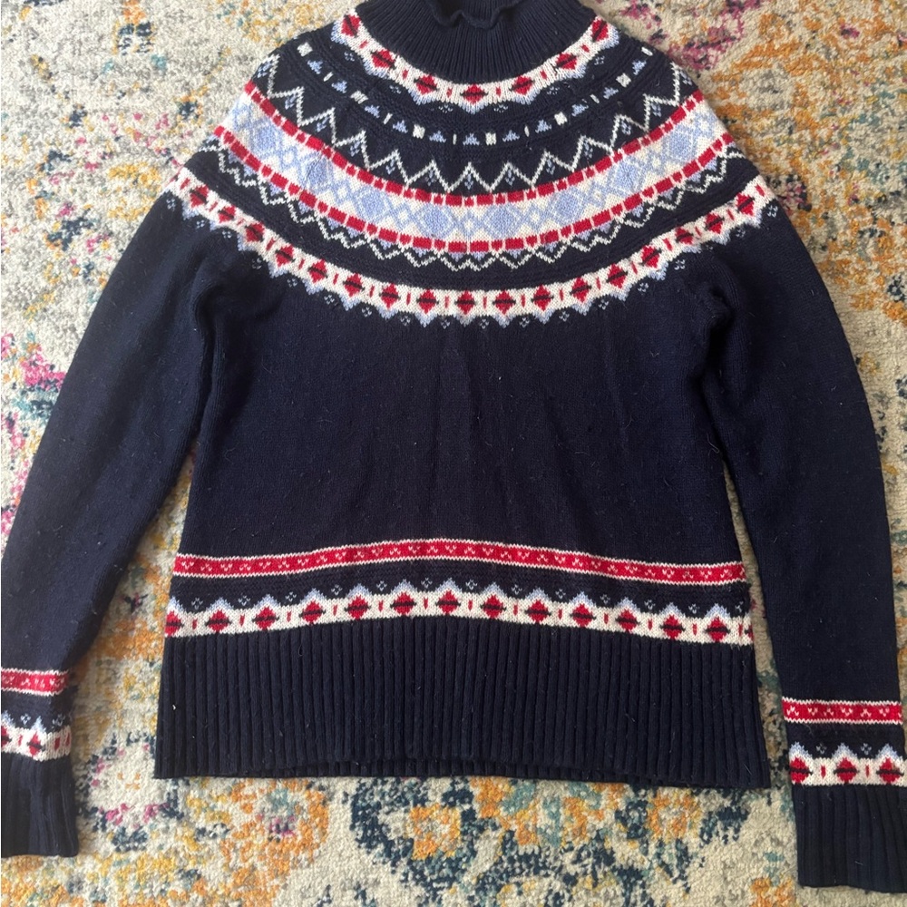 J. Crew Blue and Red Cowl Neck Sweater